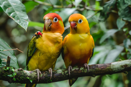 Pair of Colorful Sun Conures Perched on Branch in Lush Green Tropical Forest Setting AI Generativeの素材
