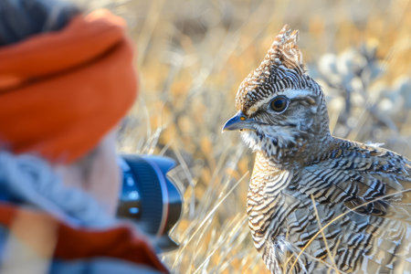 Close Up of a Wild Bird in Natural Habitat with a Photographer Blurred in Background Capturing Wildlife Moments AI Generativeの素材
