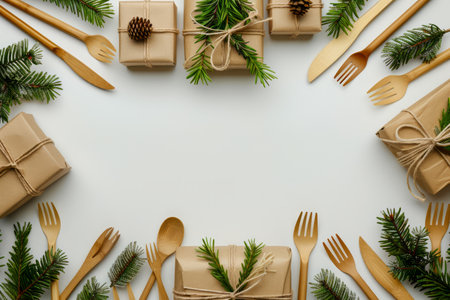 Festive Table Setting Design with Pine Decorations, Eco Presents, Wooden Cutlery Top View on White Background for Christmas or Holiday Meal AI Generativeの素材