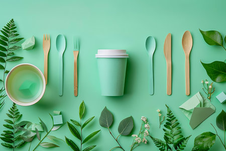 Eco Friendly Tableware and Packaging on Green Background with Leaves, Sustainable Living Concept AI Generativeの素材