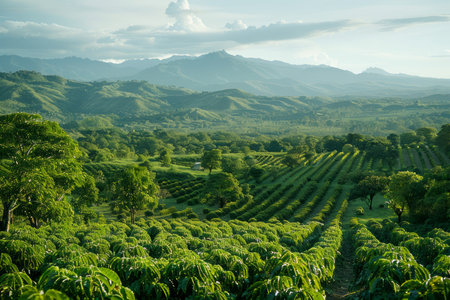 Panoramic View of Lush Green Coffee Plantation at Sunrise with Rolling Hills and Mountains in the Distance AI Generativeの素材