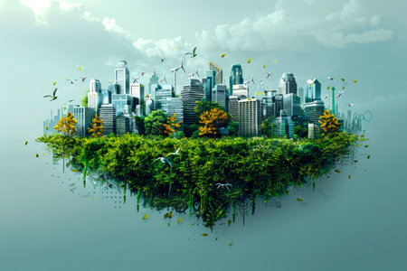 Surreal Floating Cityscape with Greenery and Birds on Isolated Background AI Generativeの素材