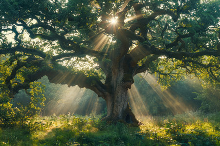 Majestic Ancient Tree Bathed in Sunlight with Rays Piercing Through Lush Forest Canopy AI Generativeの素材