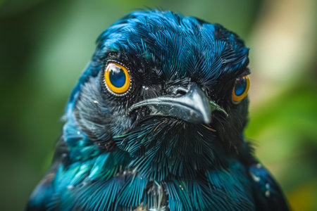 Close up Portrait of a Vibrant Blue and Black Bird with Intense Orange Eyes in a Lush Green Environment AI Generativeの素材