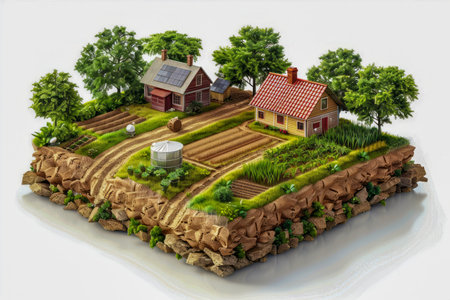 Idyllic Miniature Farm Landscape with Detailed Rural Houses, Fields, and Nature on a Floating Earth Patch AI Generativeの素材
