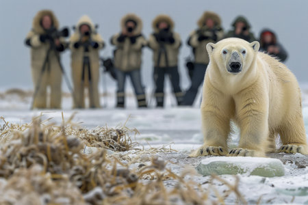 Curious Polar Bear Approaching While Photographers Capture Wildlife in the Arctic Tundra AI Generativeの素材