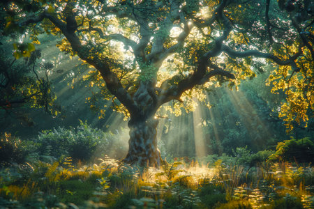 Majestic Ancient Tree Illuminated by Sunbeams Through Forest Canopy in Dreamy Landscape AI Generativeの素材