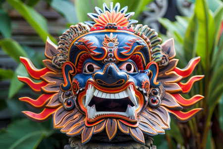 Vibrant Traditional Balinese Wooden Mask Depicting Hindu Mythological Character in Tropical Setting AI Generativeの素材