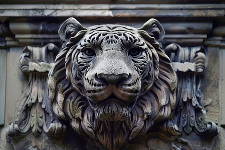 Intricate Tiger Sculpture Adornment on Classic Architecture Facade with Detailed Craftsmanship AI Generativeの素材