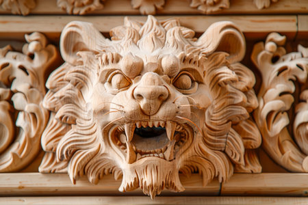 Exquisite Carved Lion Sculpture on Historical Building Facade Detail in Warm Sunlight AI Generativeの素材