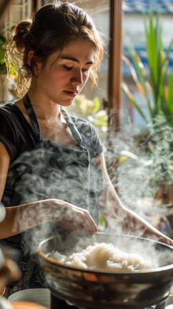 Young Woman Cooking in a Cozy Kitchen, Steam Rising from Hot Pot as She Stirs Food with Sunlight Filtering Through Window AI Generativeの素材