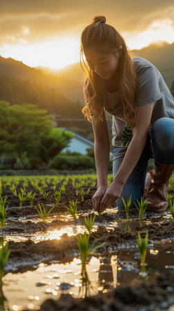 Young Woman Engaged in Sustainable Agriculture Planting Seedlings at Sunset in Rustic Farmland Scene AI Generativeの素材