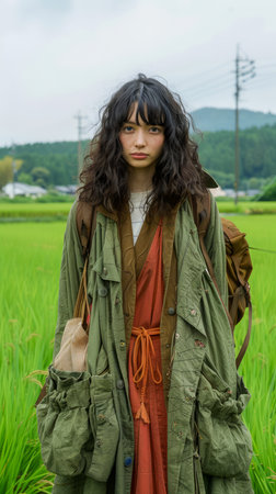 Stylish Young Woman in Fashionable Layers Posing in Lush Green Rural Field with Backpack AI Generativeの素材