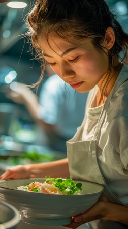 Professional Female Chef Garnishing Sushi Dish with Focus and Care in Restaurant Kitchen Setting AI Generativeの素材