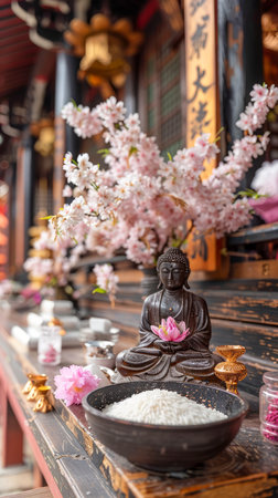 Serene Buddha Statue with Cherry Blossoms at Traditional Japanese Temple Altar AI Generativeの素材