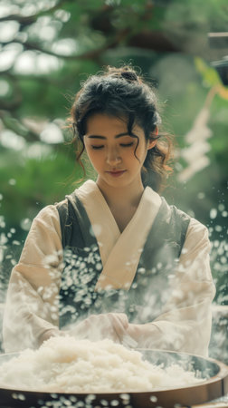 Traditional Asian Cuisine Preparation Woman Cooking Rice Outdoors Surrounded by Nature AI Generativeの素材