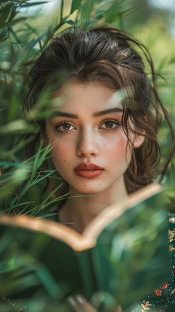 Young Woman Reading Book in Tranquil Forest Setting, Natural Light Portrait, Peaceful Outdoor Leisure Activity AI Generativeの素材