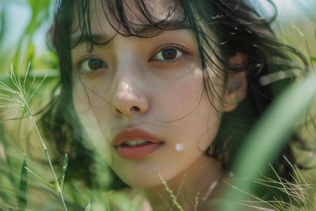 Young Woman Posing in Natural Light Surrounded by Green Leaves, Portrait of a Female in a Serene Outdoor Setting with Soft Focus AI Generativeの素材
