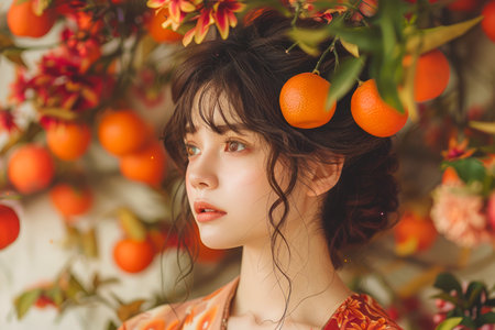 Dreamy Portrait of Young Woman with Curly Hair Surrounded by Vibrant Orange Fruits and Lush Greenery AI Generativeの素材