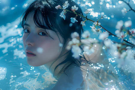 Enchanting Young Woman with Cherry Blossoms in Moonlight Portrait of Ethereal Beauty Amidst Nature AI Generativeの素材