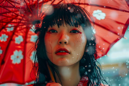 Young Woman with a Red Umbrella Enjoying Rainy Day, Colorful Portrait with Water Droplets and Floral Patterns, Artistic Atmospheric Photo AI Generativeの素材