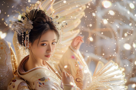 Elegant Asian Woman in Traditional Dress with Glittering Background and Soft Lighting AI Generativeの素材