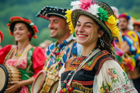 Joyful People in Traditional Folk Costumes Celebrating with Music and Dance in Vibrant Cultural Festival Outdoors AI Generativeの素材