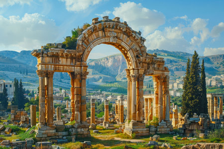 Majestic Ancient Roman Triumphal Arch Amidst Historic Ruins Under Sunny Blue Sky AI Generativeの素材