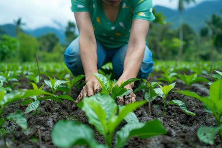 Young Female Farmer Cultivating Plants on Sustainable Agricultural Farm in Tropical Rural Setting AI Generativeの素材