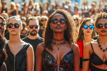 Fashionable Crowd at Outdoor Event with Stylish Young Woman in Sunglasses Front and Center AI Generativeの素材