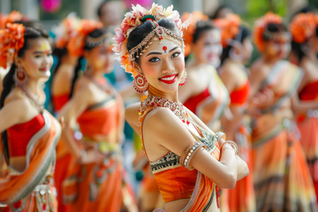Vibrant Traditional Dancers in Exotic Costumes Celebrate with Festive Parade and Smiles AI Generativeの素材