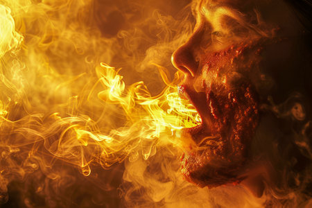 Abstract Fiery Human Face Expression Concept with Flames and Smoke in Dramatic Lighting AI Generativeの素材