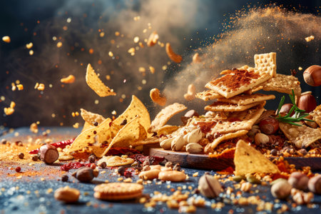 Delicious Assortment of Snacks with Crispy Tortilla Chips, Nuts, and Spices Falling on Rustic Background with Dynamic Motion AI Generativeの素材