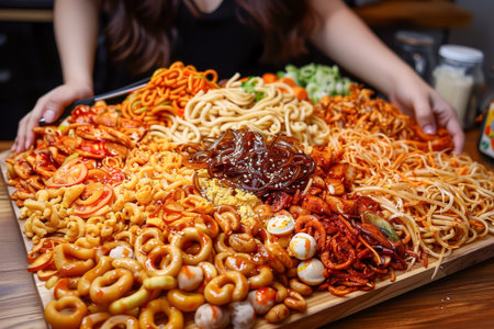 Abundant Assorted Asian Spicy Noodles Platter with Delicious Toppings and Woman in Background Preparing to Eat AI Generativeの素材
