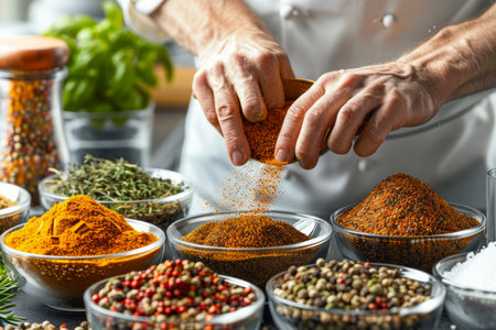 Professional Chef Sprinkling Exotic Spices over Fresh Ingredients in Bright Kitchen Setting AI Generativeの素材