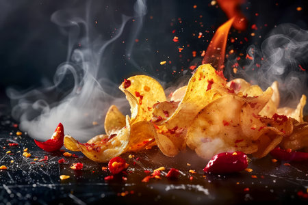 Spicy Flaming Hot Chips Explosion with Fiery Chili Peppers and Smoke on Dark Background Fiery Snack Concept AI Generativeの素材