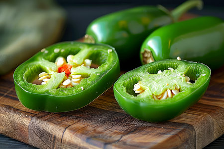 Fresh Green Jalapeno Peppers Halved and Sliced on Wooden Cutting Board, Spicy Mexican Cuisine Ingredient AI Generativeの素材