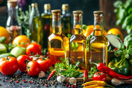 Variety of Fresh Organic Vegetables, Herbs, and Olive Oil Bottles on Rustic Table, Healthy Mediterranean Diet Ingredients Concept AI Generativeの素材