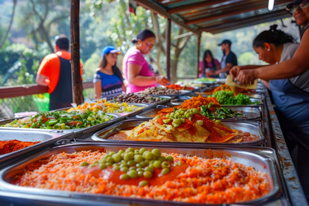 Fresh and Colorful Buffet Spread with Various Dishes at an Outdoor Catering Event with People Serving Themselves AI Generativeの素材