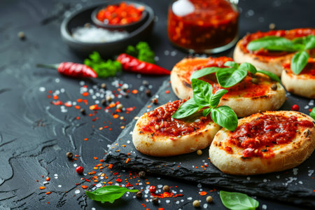 Homemade Mini Pizzas with Tomato Sauce, Fresh Basil, and Chili Peppers on a Dark Slate Background AI Generativeの素材