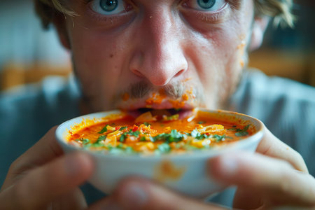 Young Man Humorously Devouring Messy Spaghetti Dish with Tomato Sauce and Herbs AI Generativeの素材