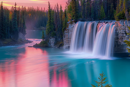 Serene Waterfall at Twilight with Lush Forest Surroundings and Vibrant Sunset Colors Reflecting on Tranquil Waters AI Generativeの素材