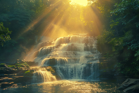 Majestic Waterfall Illuminated by Sunbeams Through Verdant Forest Canopy, Peaceful Nature Landscape AI Generativeの素材