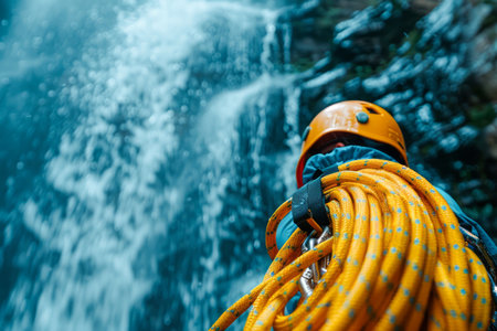 Adventurous Rock Climber with Yellow Helmet and Gear in Front of Waterfall AI Generativeの素材