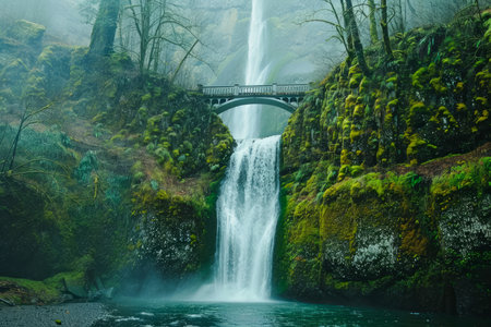 Majestic Waterfall Flowing Under Ancient Stone Bridge in Lush Green Forest AI Generativeの素材