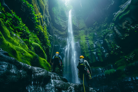 Majestic Waterfall in Lush Green Rainforest with Adventure Seekers Wearing Helmets AI Generativeの素材