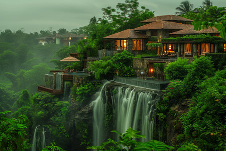 Luxury Resort with Infinity Pool Overlooking a Tropical Waterfall Amidst Lush Greenery at Dusk AI Generativeの素材