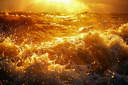 Majestic Golden Sunset Over Turbulent Sea Waves, Nature's Drama Displayed in Vibrant Warm Hues AI Generativeの素材