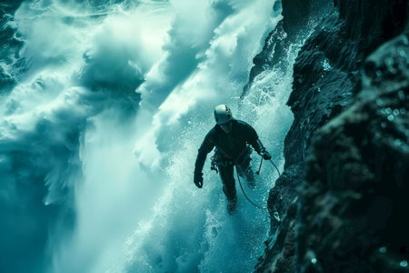 Dramatic Mountain Climbing Adventure Dedicated Climber Ascends Rugged Terrain Against Stormy Skies AI Generativeの素材