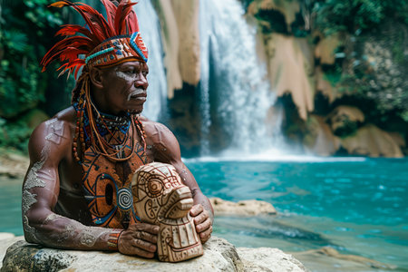 Indigenous Man in Traditional Dress Holding Artifact by a Tropical Waterfall AI Generativeの素材